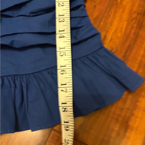 Express Blue Puff Sleeve Peplum Blouse Smocked Ruffle Hem Draped Front Top large - Picture 12 of 13